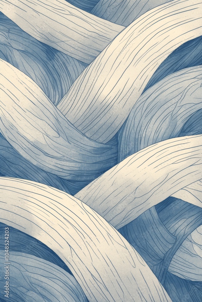 Poster abstract blue and white woven texture with delicate lines and curves, creating a serene and artistic