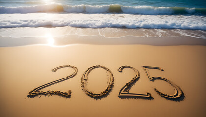 The numbers 2025 are written on the sand of the beach