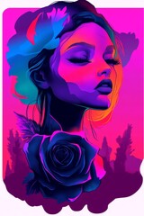 Fototapeta premium A vibrant portrait of a young woman with long hair and a rose, featuring bold colors and stylized artistic elements.