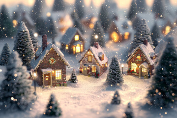 Fototapeta premium A charming winter village scene with snow-covered houses, twinkling lights, and evergreen trees, evoking a festive holiday atmosphere.