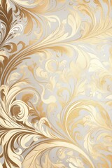 Fototapeta premium Elegant swirling gold and cream floral patterns on a soft gray background.