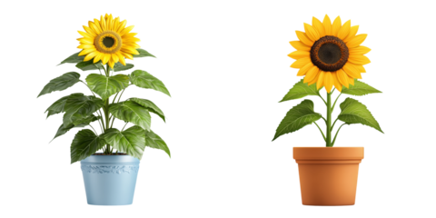 Vibrant sunflower plant in decorative pot arrangement, collection of decorations plant, clipart, isolated on transparent background.