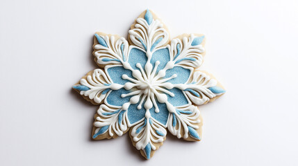 Fototapeta premium Delicate Snowflake Cookie with White and Blue Icing - Close-up on White Background Highlighting Intricate Winter Holiday Design for Christmas and New Year Celebrations