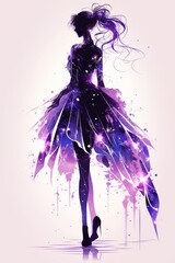 Fototapeta premium Elegant silhouette of a female figure in a cosmic dress, featuring vibrant purple and blue hues, exuding a dreamy atmosphere.