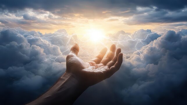Divine Touch - Illustration of Ethereal Giant Hand Emerging from Stormy Clouds with Golden Light Rays and Celestial Energy Surge