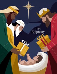 Modern Epiphany Illustration with Three Wise Men and Nativity Scene