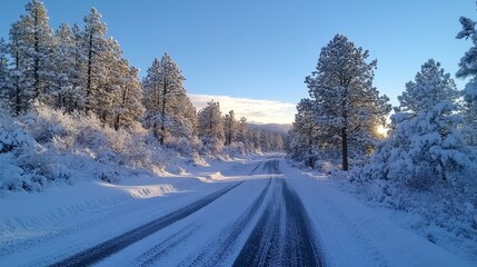 Fototapeta premium Snow-Covered Road Through Pine Trees in Winter Landscape