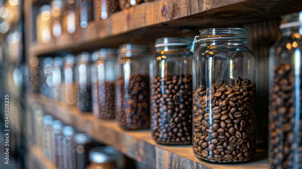 Poster a shelf lined with jars filled with different types of coffee beans showcasing the variety available