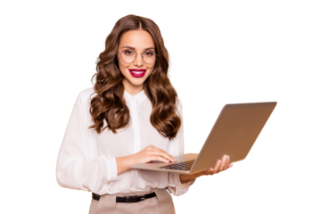 Portrait of her she nice-looking attractive lovely pretty winsome gorgeous confident smart clever cheerful cheery wavy-haired lady working remotely part time isolated over beige pastel background
