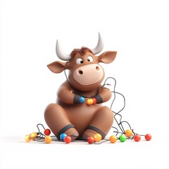 Fototapeta premium Happy Bull with Colorful Lights and Garland