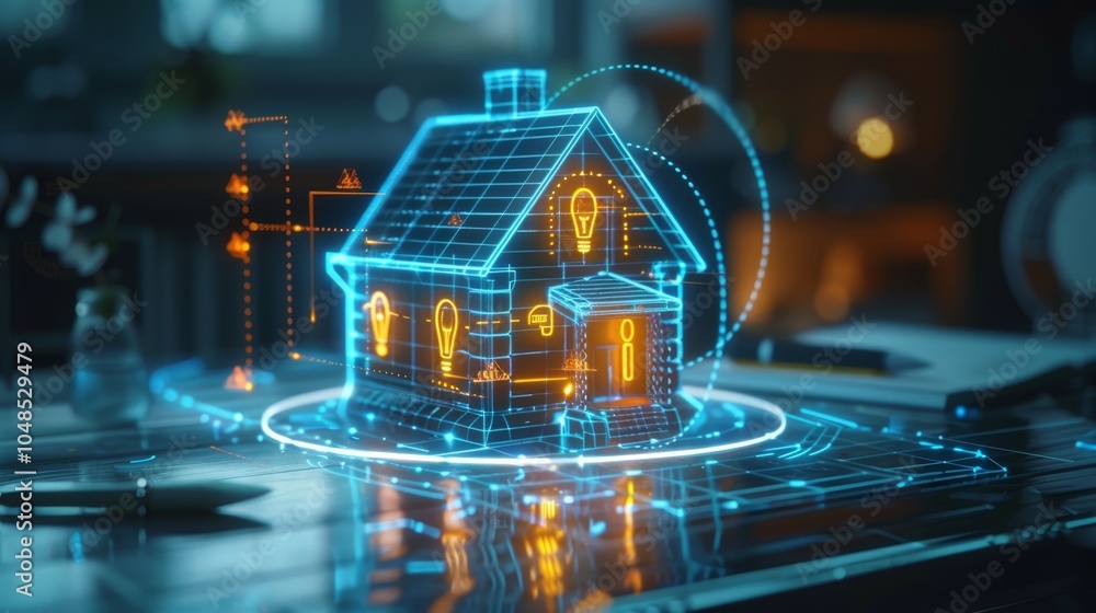 Poster a digital representation of a smart home showing interactive features and modern technology in a coz