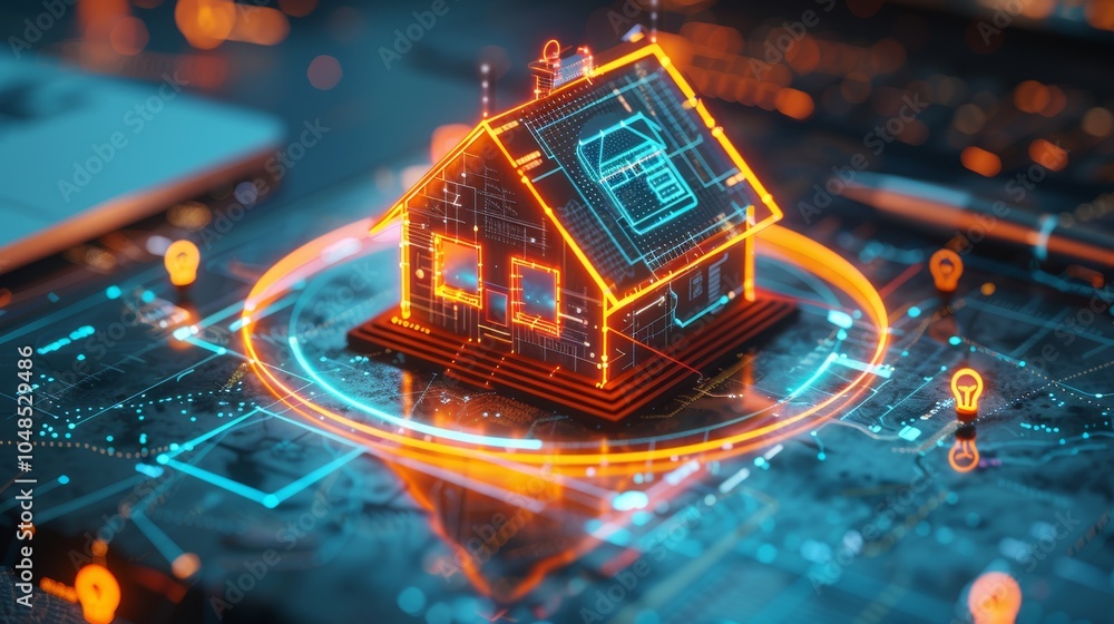 Poster digital representation of a smart home concept with glowing visuals and technology elements illustra