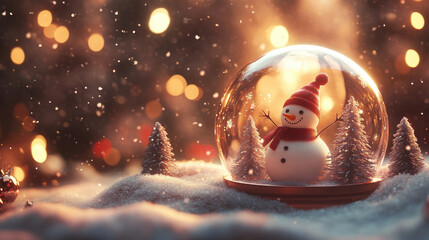 Fototapeta premium cheerful snowman inside holiday snow globe surrounded by snow and trees