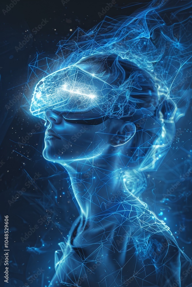 Poster a person immersed in virtual reality with glowing blue visuals representing digital immersion in a f