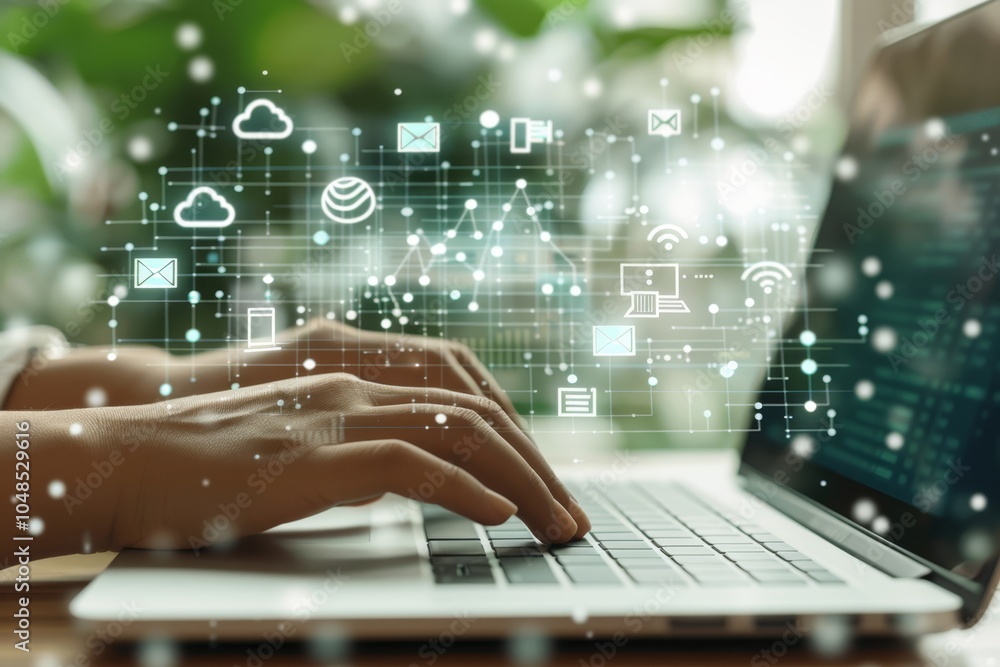 Poster hands typing on a laptop surrounded by digital icons representing technology and connectivity in a b
