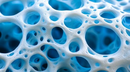 Detailed macro shot of a blue, porous sponge-like structure, showing intricate network of holes and textured surface.

