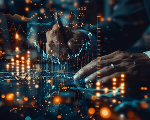 A business professional analyzes financial data and trends at night in a modern office setting using advanced technology and tools