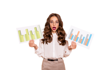 Portrait of her she nice-looking attractive lovely gorgeous professional worried wavy-haired lady holding in hands paper documents marketing isolated over beige pastel background