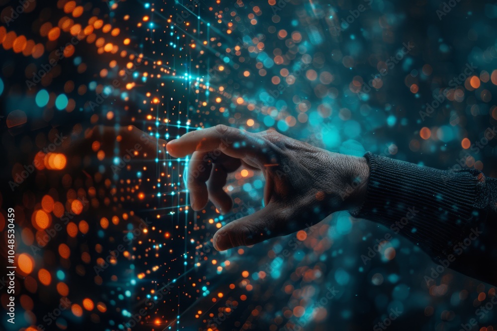 Poster a hand reaching out towards a digital network of glowing particles in a dark space, showcasing techn