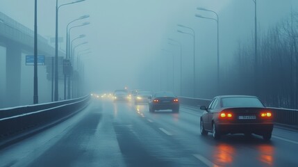 Fototapeta premium Foggy Night Drive on Urban Highway