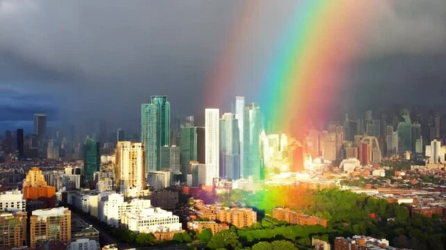 A beautiful rainbow spans the city, and although gray clouds cover the sky in the distance, the sky in the foreground is clear of clouds, and the sun's rays shine down dazzlingly