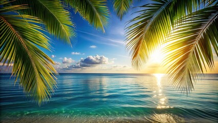 Travel background with Caribbean sea and palm leaves Silhouette