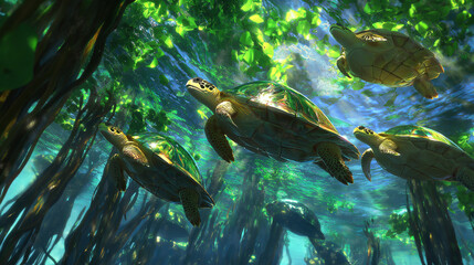 A group of sea turtles swimming through a kelp forest, their shells catching the light