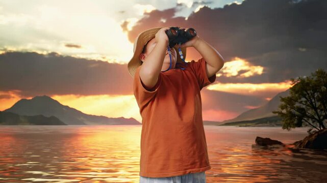 Asian Boy With A Hat Standing Doubtfully And Asking Why After Looking Through The Binoculars. Boy Researcher Examines Something At A Lake, Travel Tourism Adventure Concept