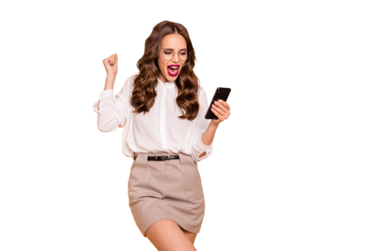 Portrait of her she nice-looking attractive lovely chic gorgeous glamorous cheerful wavy-haired lady browsing reading good news notification blog post like isolated over beige pastel background