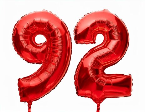 数字の92の形の赤い風船（Number 92 red foil balloon on white background）
