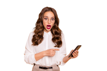 Close-up portrait of her she nice-looking attractive lovely pretty glamorous stunned wavy-haired lady demonstrating reading unexpected news notification isolated over beige pastel background