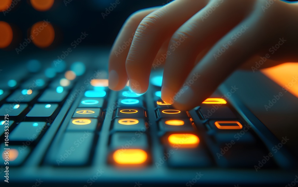 Poster a close-up of a hand typing on a backlit keyboard with vibrant colors.