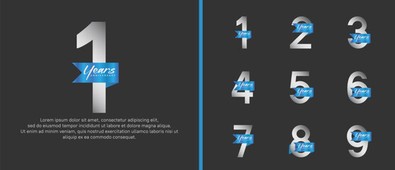 anniversary logotype set. vector design silver color with blue ribbon can be use for celebration event
