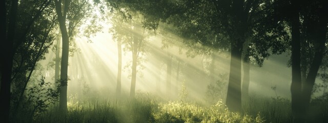 Misty Forest Morning, soft light weaves through towering trees, enveloping the landscape in a serene, ethereal atmosphere.