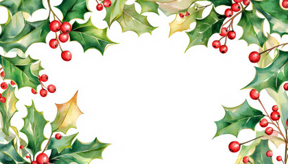 Fototapeta premium A festive border featuring holly leaves and red berries, perfect for holiday-themed designs or greetings.