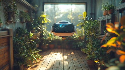 A virtual reality office environment where employees work from home using VR headsets. The scene captures the future of remote work and its impact on the economy.