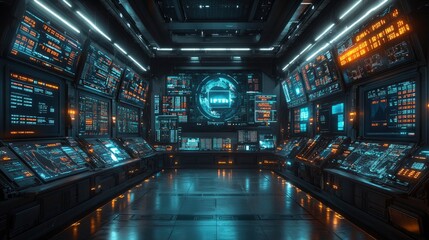 Fototapeta premium A futuristic stock exchange with digital screens displaying real-time global stock indices. The floor is filled with traders using holographic interfaces to make trades.