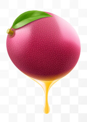 Passion fruit juice dripping from fresh juicy passion fruit, isolated on transparent background. Ripe passion fruit or passiflora edulis. Realistic 3d Vector illustration of tropical fruits.