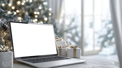 A cozy winter setting with a laptop and beautifully wrapped gifts near a decorated tree