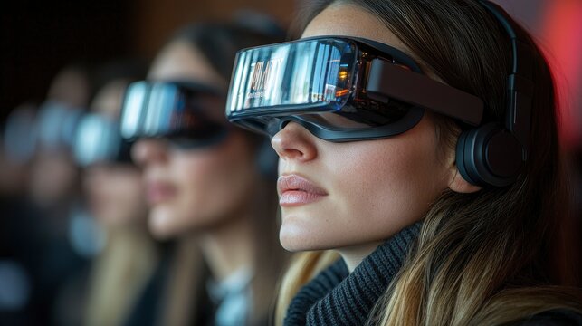 A global summit on the future economy held in a high-tech conference hall with attendees wearing smart glasses and using virtual assistants to communicate.