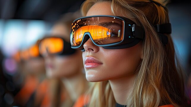 A global summit on the future economy held in a high-tech conference hall with attendees wearing smart glasses and using virtual assistants to communicate.