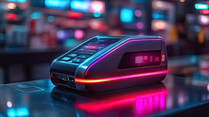 A close-up of a futuristic payment device using biometrics and AI to process transactions instantly in a retail environment.