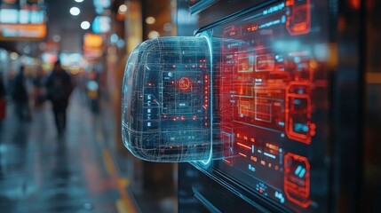 A close-up of a futuristic payment device using biometrics and AI to process transactions instantly in a retail environment.