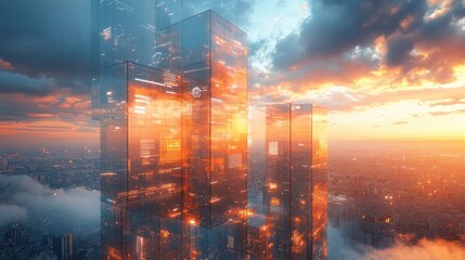 A futuristic skyscraper with transparent walls and floating digital interfaces, representing innovation in architectural design for future economic hubs.