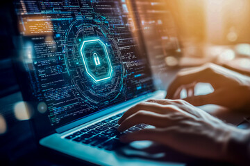 A person using a laptop with digital security graphics on the screen at sunset