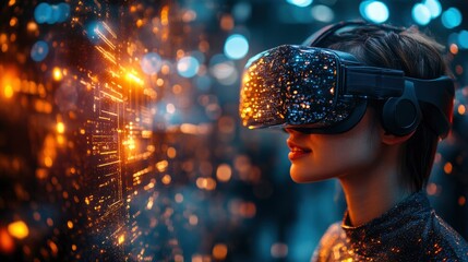 A young entrepreneur pitching a startup idea to investors in a high-tech virtual environment, representing the future of business ventures and venture capital.