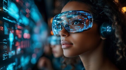 A diverse group of professionals collaborating in a futuristic workspace, using AR and VR to enhance their productivity and drive innovation in the economy.