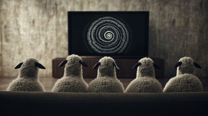 A group of sheep are watching a hypnotic spiral pattern on television, symbolizing the blinding effect of media manipulation on people.