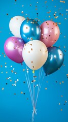 Colorful Balloons with Confetti on Bright Blue Background