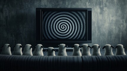 A group of sheep are watching a hypnotic spiral pattern on television, symbolizing the blinding effect of media manipulation on people.